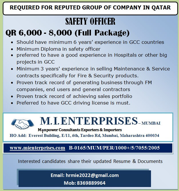 Safety officer job hiring in qatar