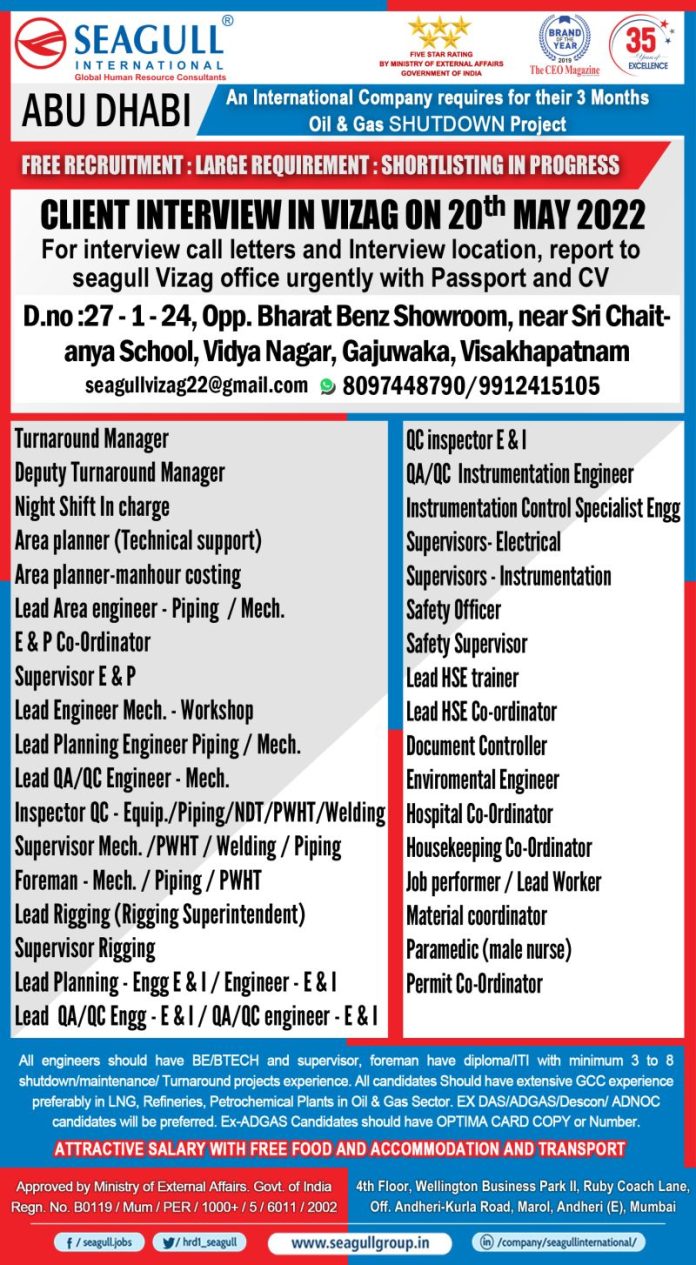 Urgent Job Vacancies in Abu Dhabi Free recruitment to shutdown project